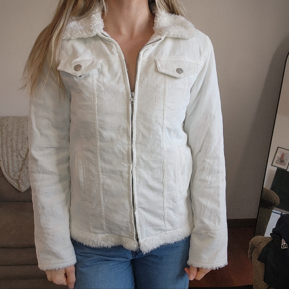 Rave White Y2k Faux Fur Lined Corduroy Jacket Size Medium